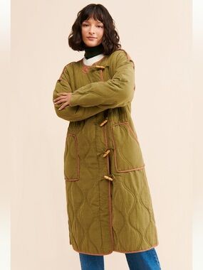 We The Free Lush It Duffle Coat Quilted Coat Army Green Brown Boho Soft Size M L